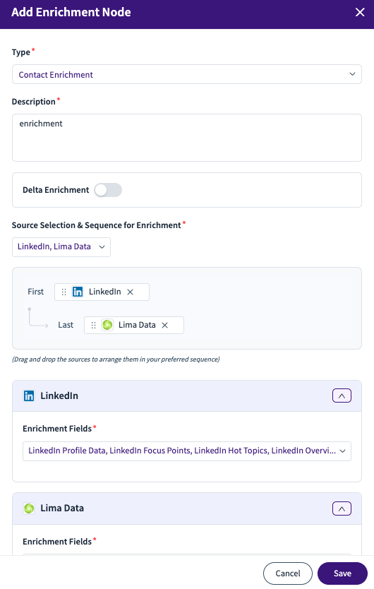Contact enrichment node setup with LinkedIn and Lima Data sources selected.